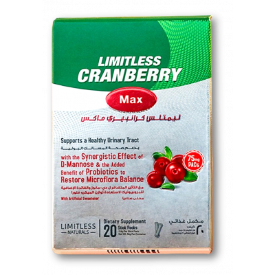 LIMITLESS CRANBERRY MAX SUPPORTS HEALTHY URINARY TRACT DIETARY SUPPLEMENT 20 STICK PACKS